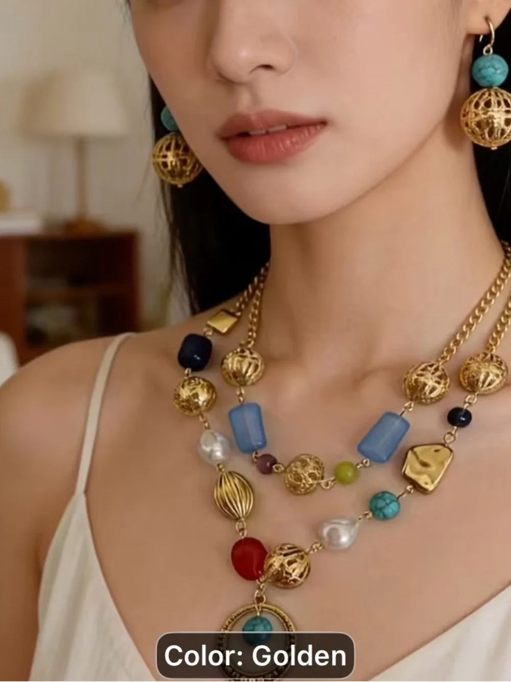 3pcs vintage Bohemian Multi-Color Beaded double layer Necklace Earring Set